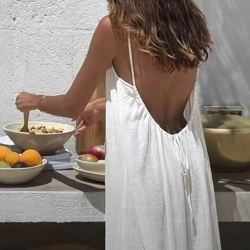 Women's Backless Cami Dress Summer Casual Sleeveless Boho Beach Maxi Dress Spaghetti Strap Vacation Long Sundress with Back Tie