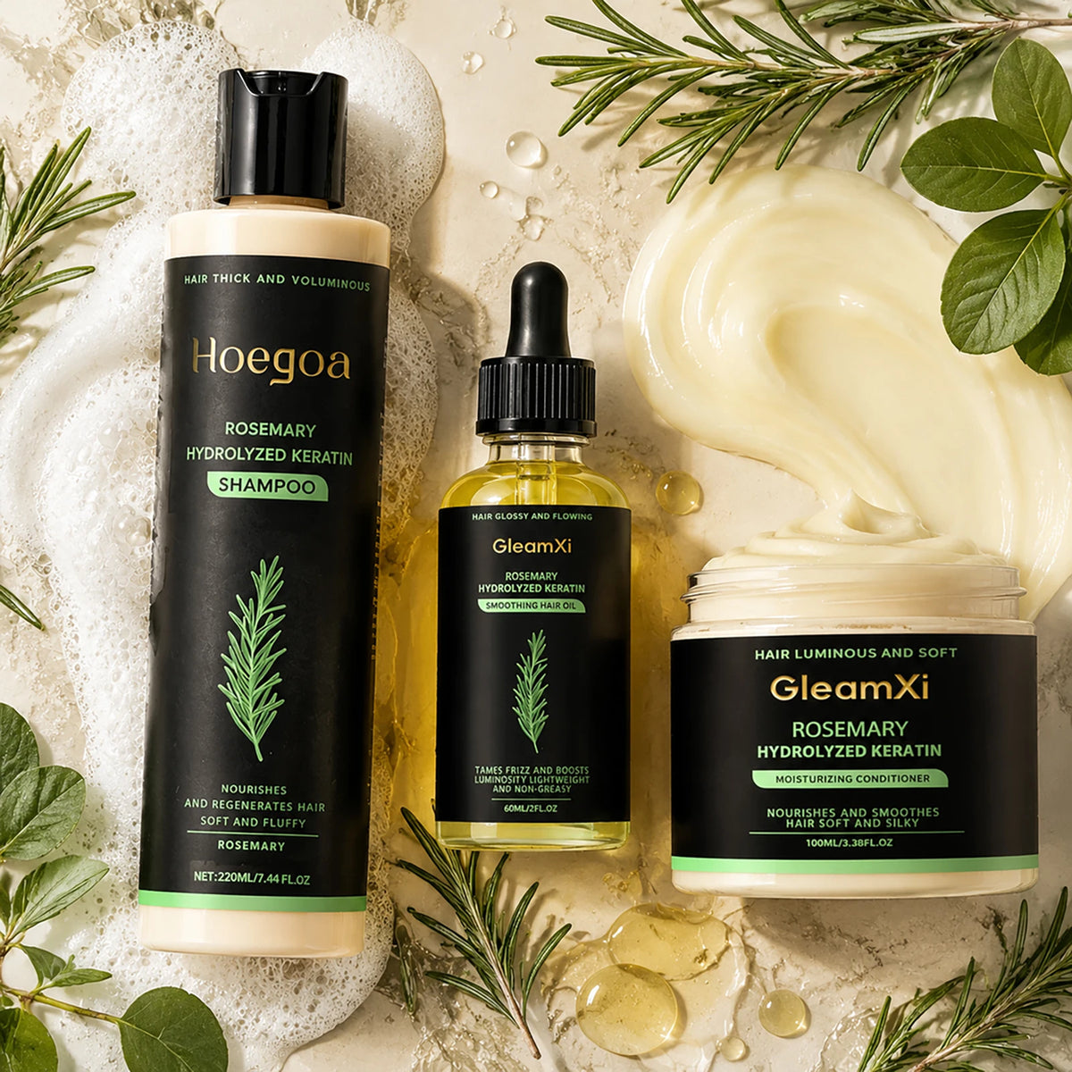 Rosemary Hydrolyzed Keratin Hair Care Set - Shampoo Hair Mask Hair Oil Repair Damaged Frizzy Dry Hair Nourish Scalp Treatment