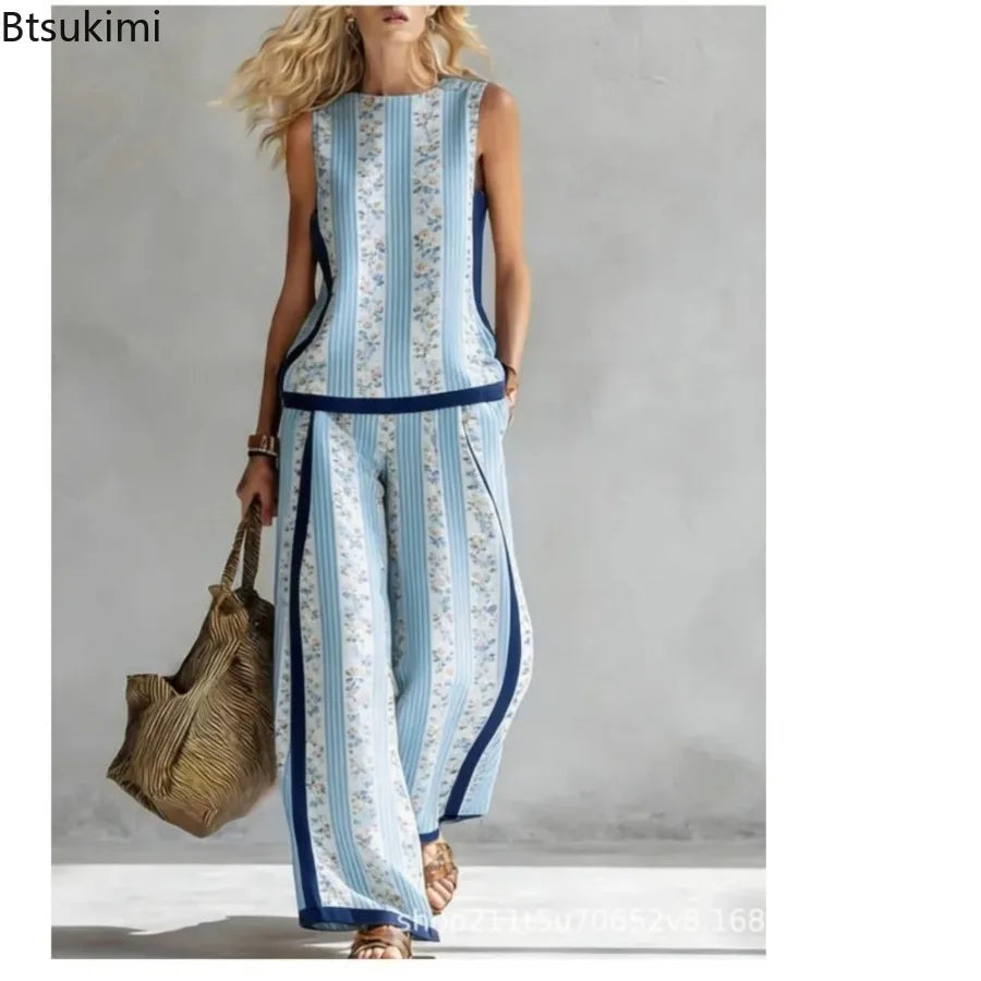 New Fashion Retro Printed Sleeveless Tops Trousers 2-piece Sets Women's Summer Casual Vest Loose Wide Leg Trousers Female Suit