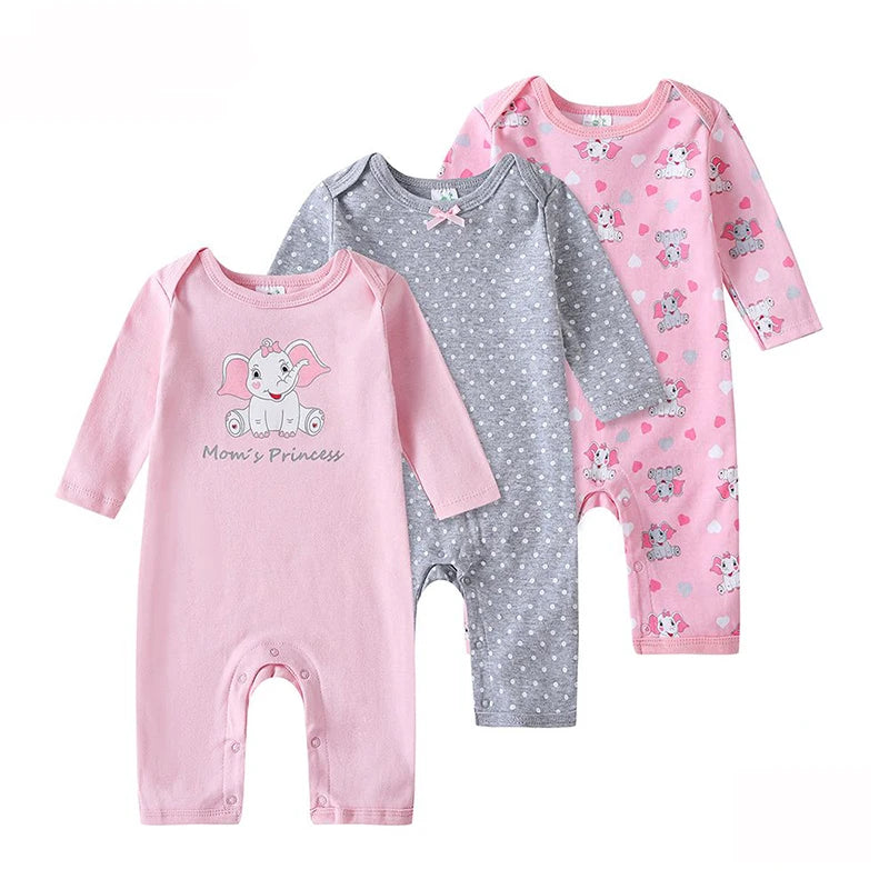 Kit 3 Baby Rompers Long Sleeve Footless Printed Infant Boy Girl Clothes