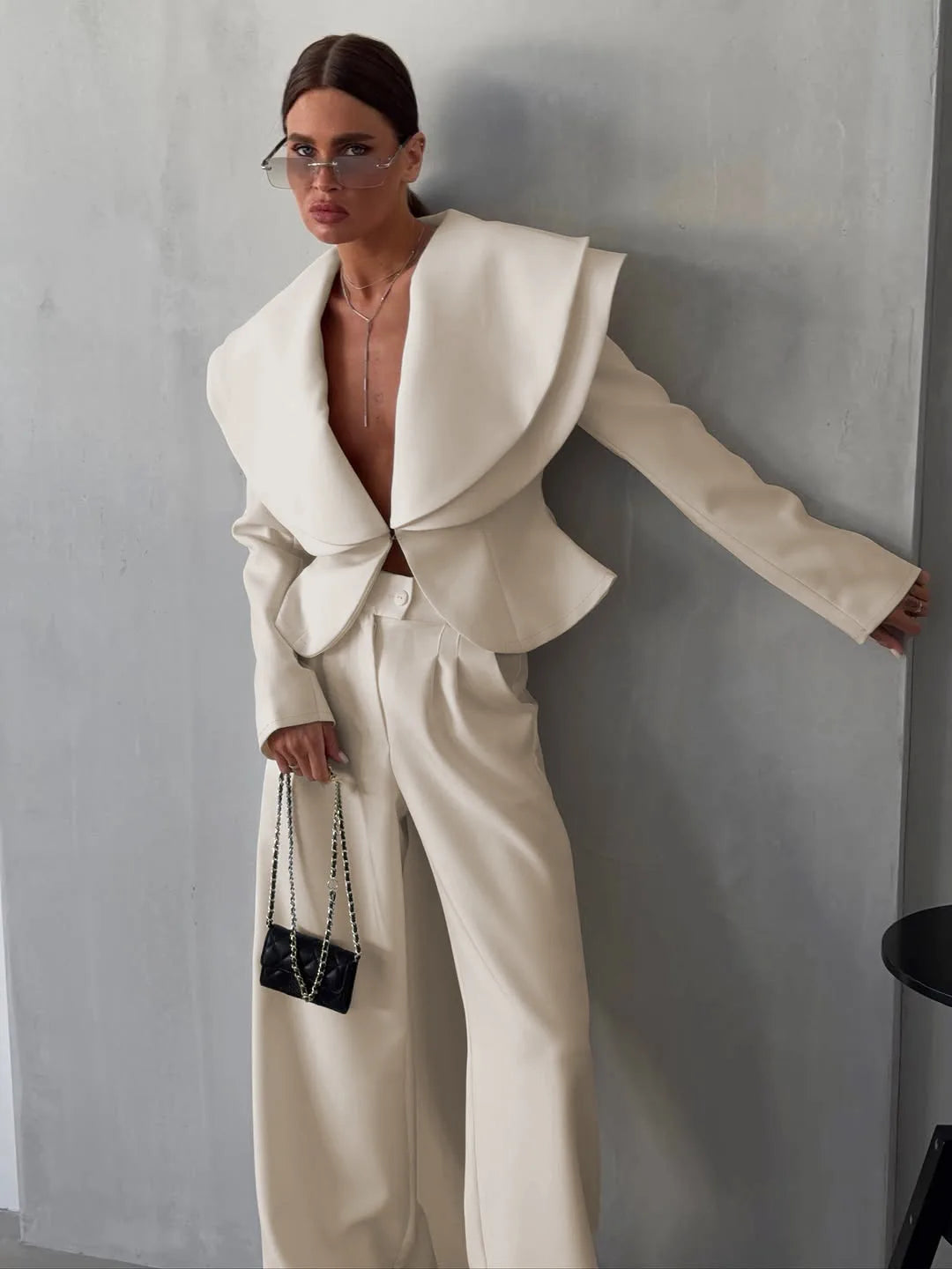 Chic Big Lapel Coat Pants Women Set Elegant Full Sleeve Single Breasted V-neck Straight Loose Trousers Solid Autumn Fashion Set