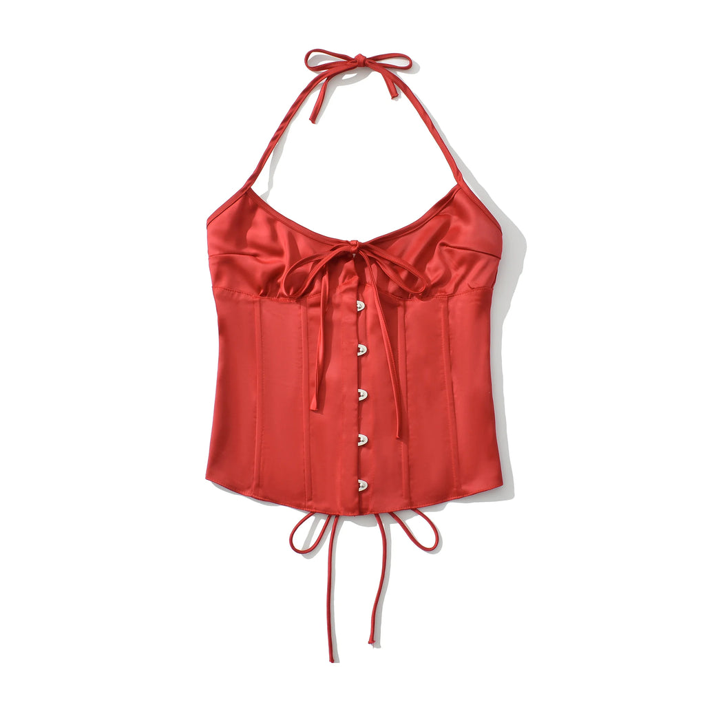 Summer Red Satin Ruched Bra Hook Buttons Sexy Corset Women Cross Lacing Up Bandage Back Tank Tops Bodycon Strapless Crop Top