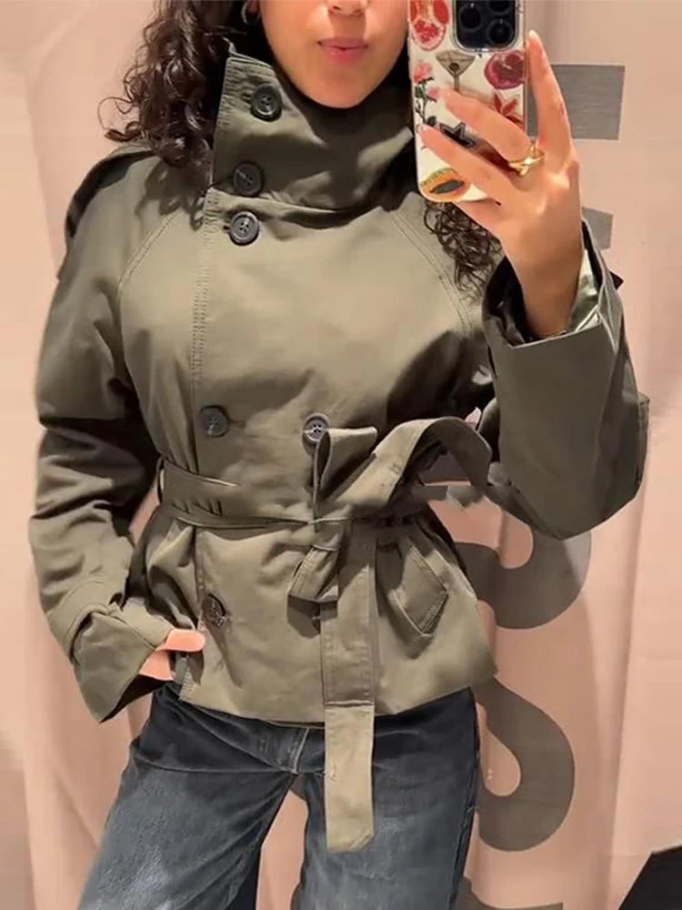 Khaki Lace Up Cape Trench Coat Loose Solid Full Sleeve Lapel Windbreaker 2026 Autumn New Fashion Commute Casual Daily Coats