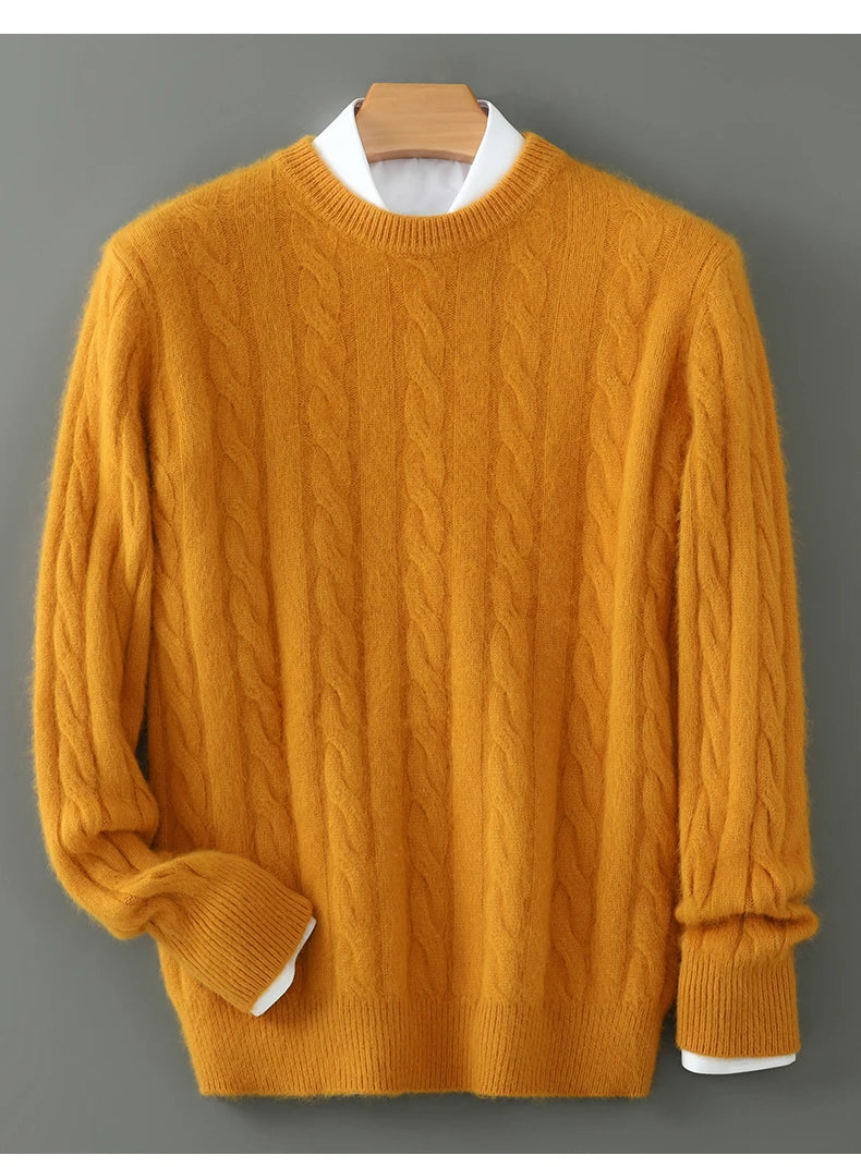 Men's Round Neck Pullover Sweater For Autumn Winter 100% Pure Mink Cashmere Knitted Sweater, Casual Long Sleeved Thick Warm Base