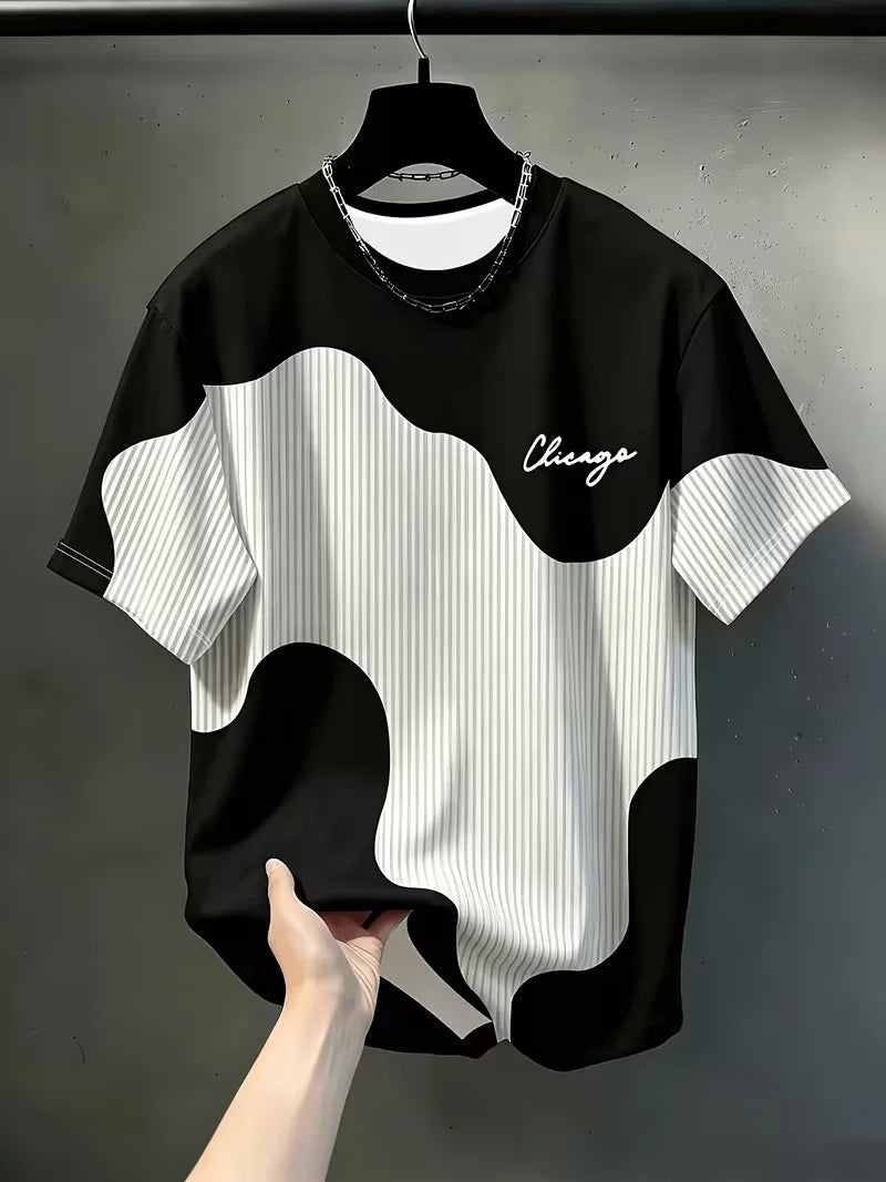 Men'S Casual Round Neck T-Shirt, Geometric Pattern Patchwork Striped Design, "Chicago" Word Pattern Top
