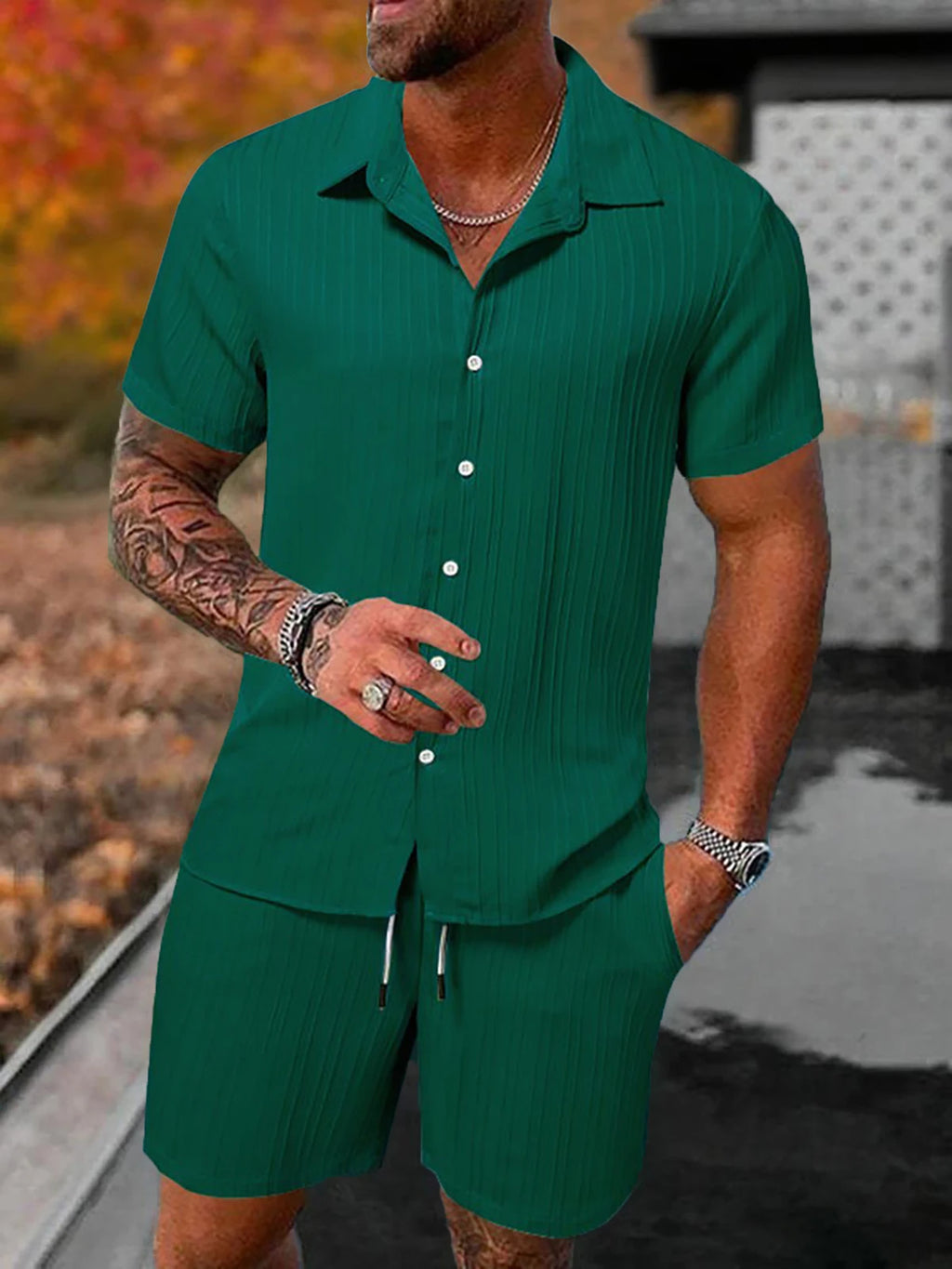 Lazy Street Style Vertical Stripe Slimming Shirt Shorts Two-piece Set No Need To Pair With Autumn Men's Thin Knit Sports Suit