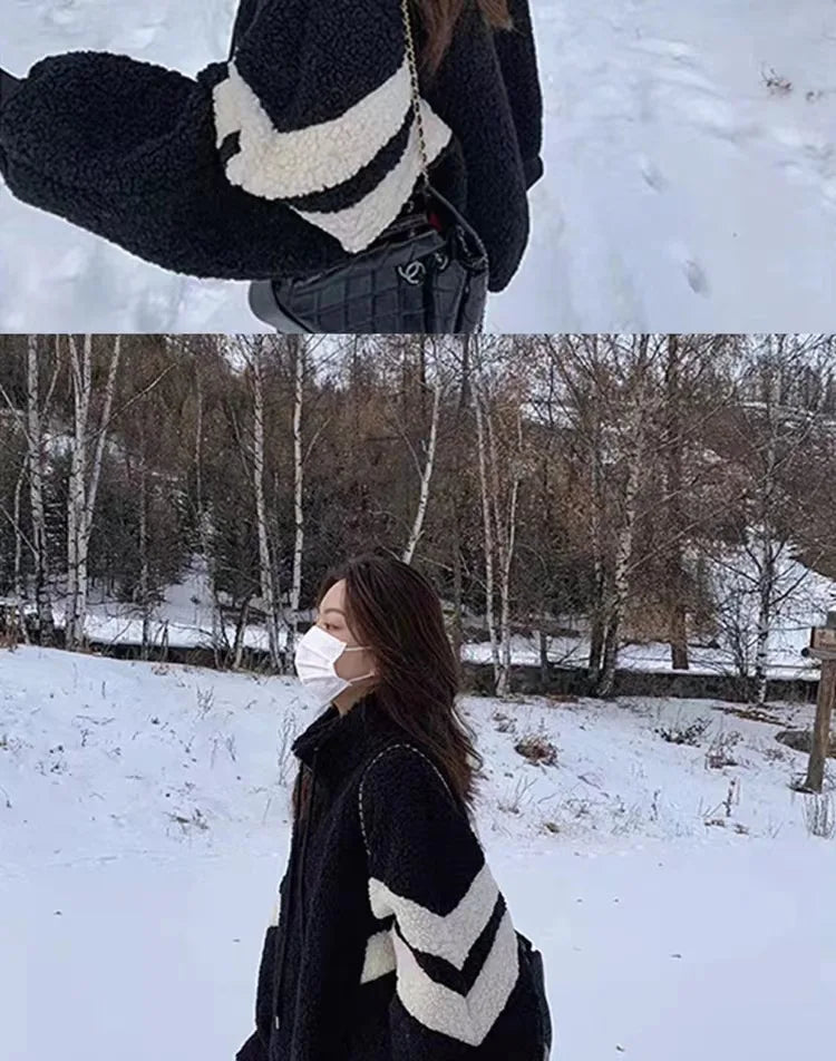 Women Causal Color Block Fleece Jacket Drawstring Zip Up Loose Contrast Striped Warm Winter Coat for Daily