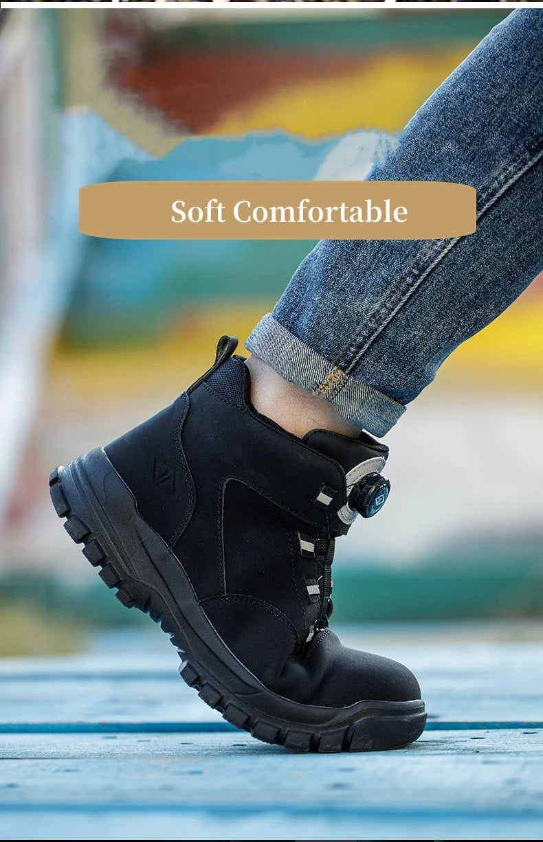 WOUDHONY Work Shoes Men Anti-smashing Anti-puncture Safety Shoes Rotating Buttons Autumn Winter Protective Work Safety Boots