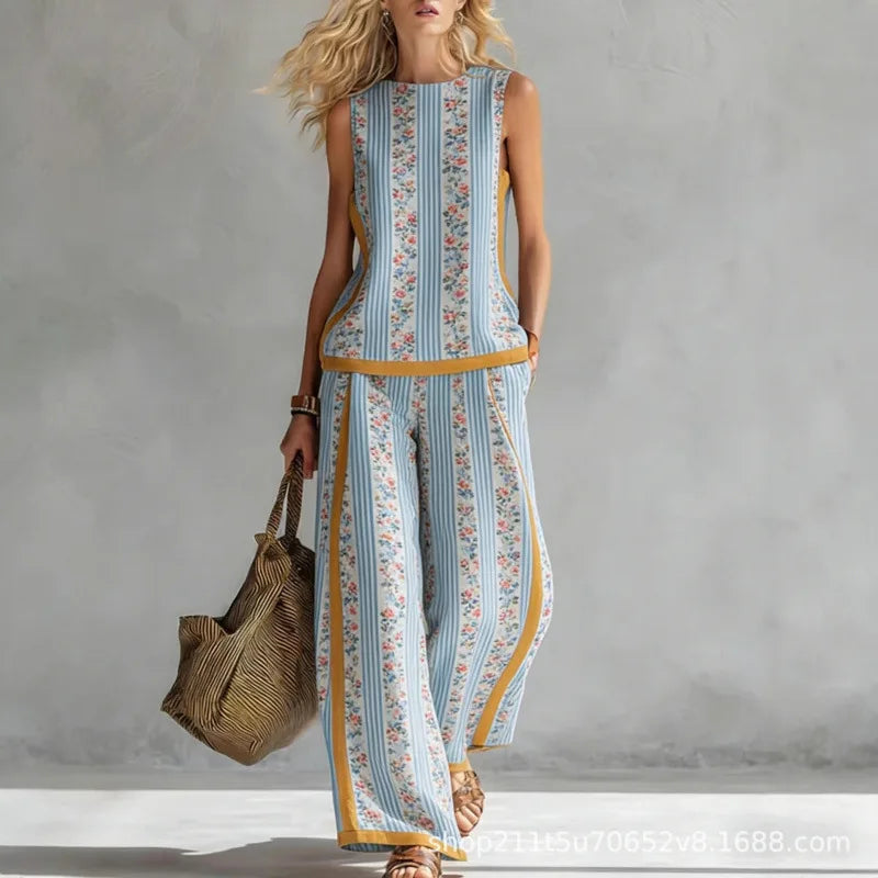New Fashion Retro Printed Sleeveless Tops Trousers 2-piece Sets Women's Summer Casual Vest Loose Wide Leg Trousers Female Suit