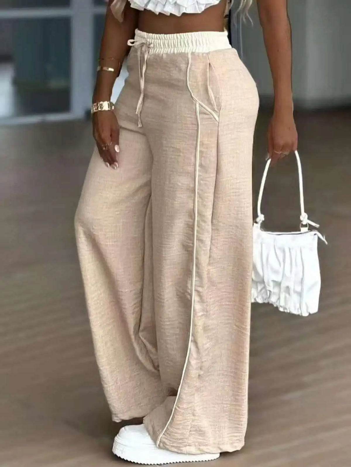 Women's Fashion Casual High Waist Straight Wide Leg Pants Color Block Patchwork Pockets