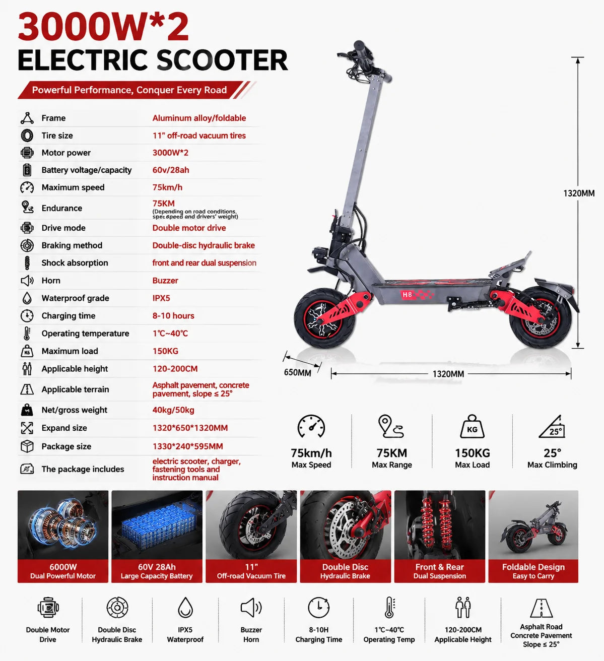 Single/Dual Motor Electric Scooter for Adults Max Speed 85km/h 500-6000W 30-100KM Range Foldable E-Scooter 10inch 11inch Tire