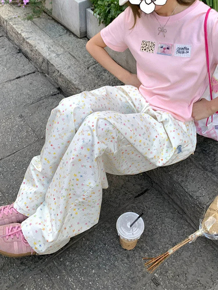 Korean Vintage Stars Print Letter Cargo Pants Women Fashion High Waist Wide Leg Trousers Casual Loose Preppy Style Female Pants