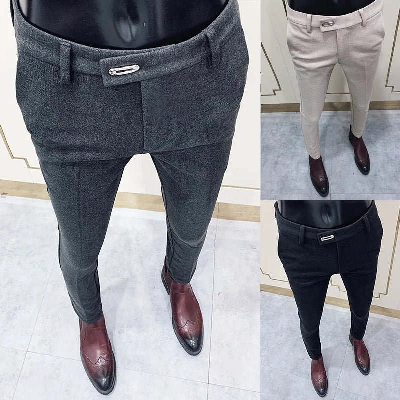 Autumn Winter Thickened Woolen Suit Pants Men Casual Slim Fit Straight Trousers Formal Business Woolen Social Office Warm Pants
