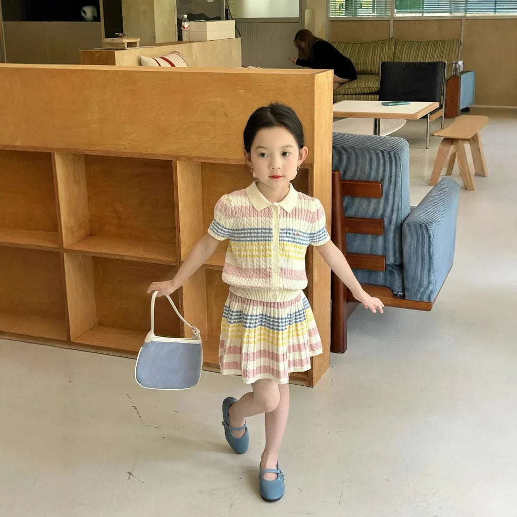 Girls Suit 2025 Summer New Childrens Clothing Korean Style Girl Baby Stripe Tie-in Color Cardigan Skirt Two Sets of Casual Daily