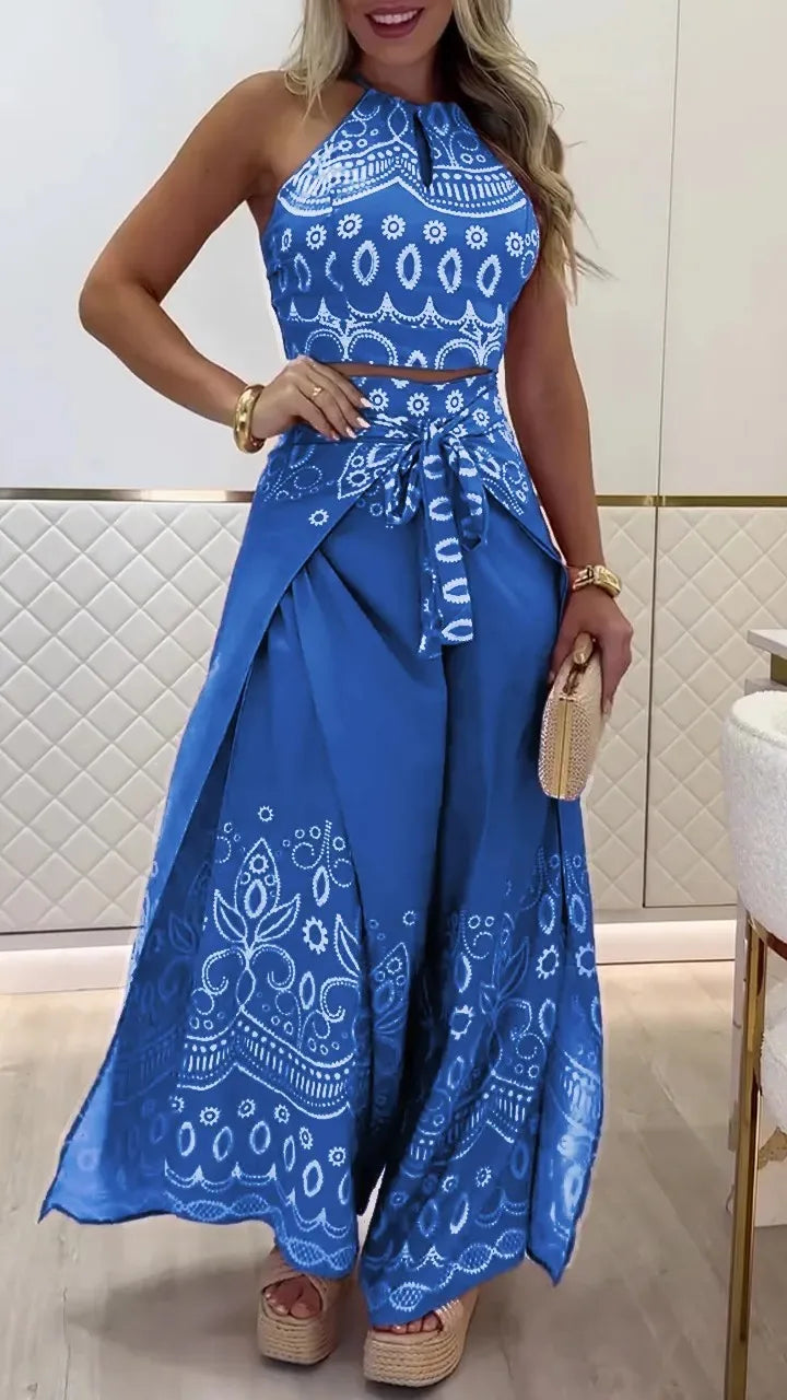 Summer Vintage Halter Top Wide Leg Pants Set Women's Bohemian 2-Piece