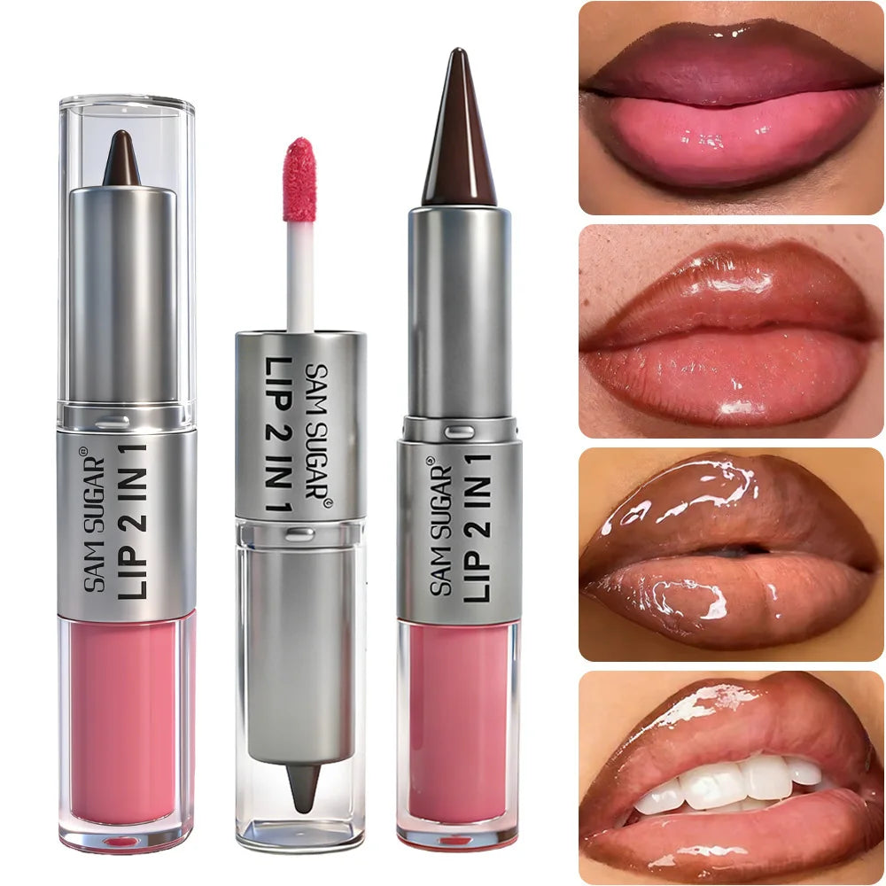 2 in 1 Lip Liner & Lip Gloss, Dual Ended Hydrating Non Stick Lipstick, Matte Velvet Outline Crayon with Shiny Plumping Lip Glaze