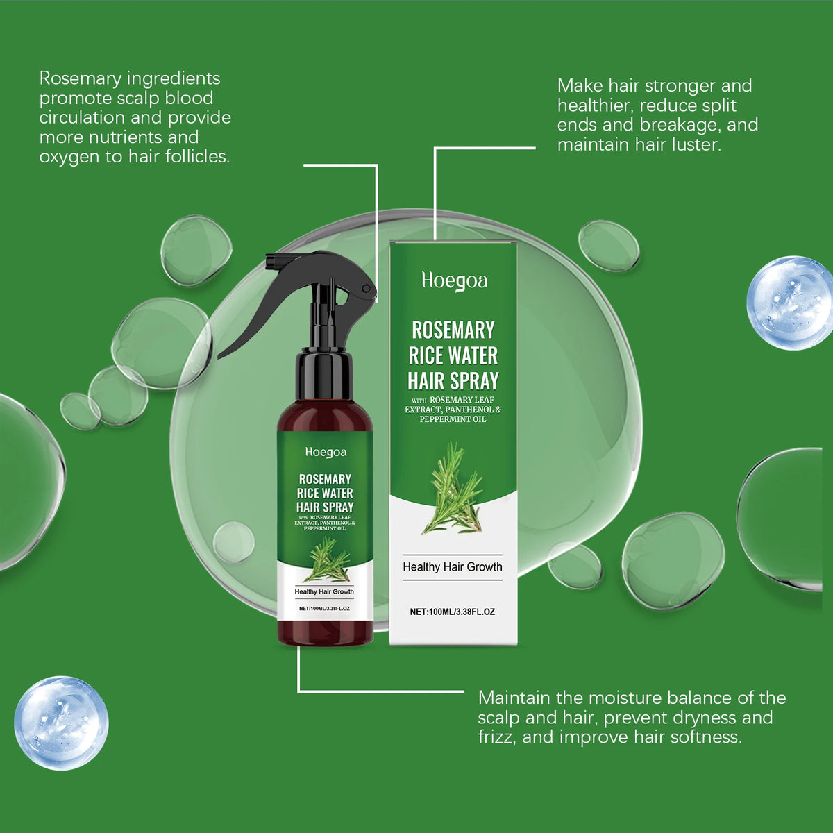 Rosemary Rice Water Hair Spray with Rosemary Extract Promotes Healthy Hair Growth Reduces Loss Nourishes Scalp Daily Care
