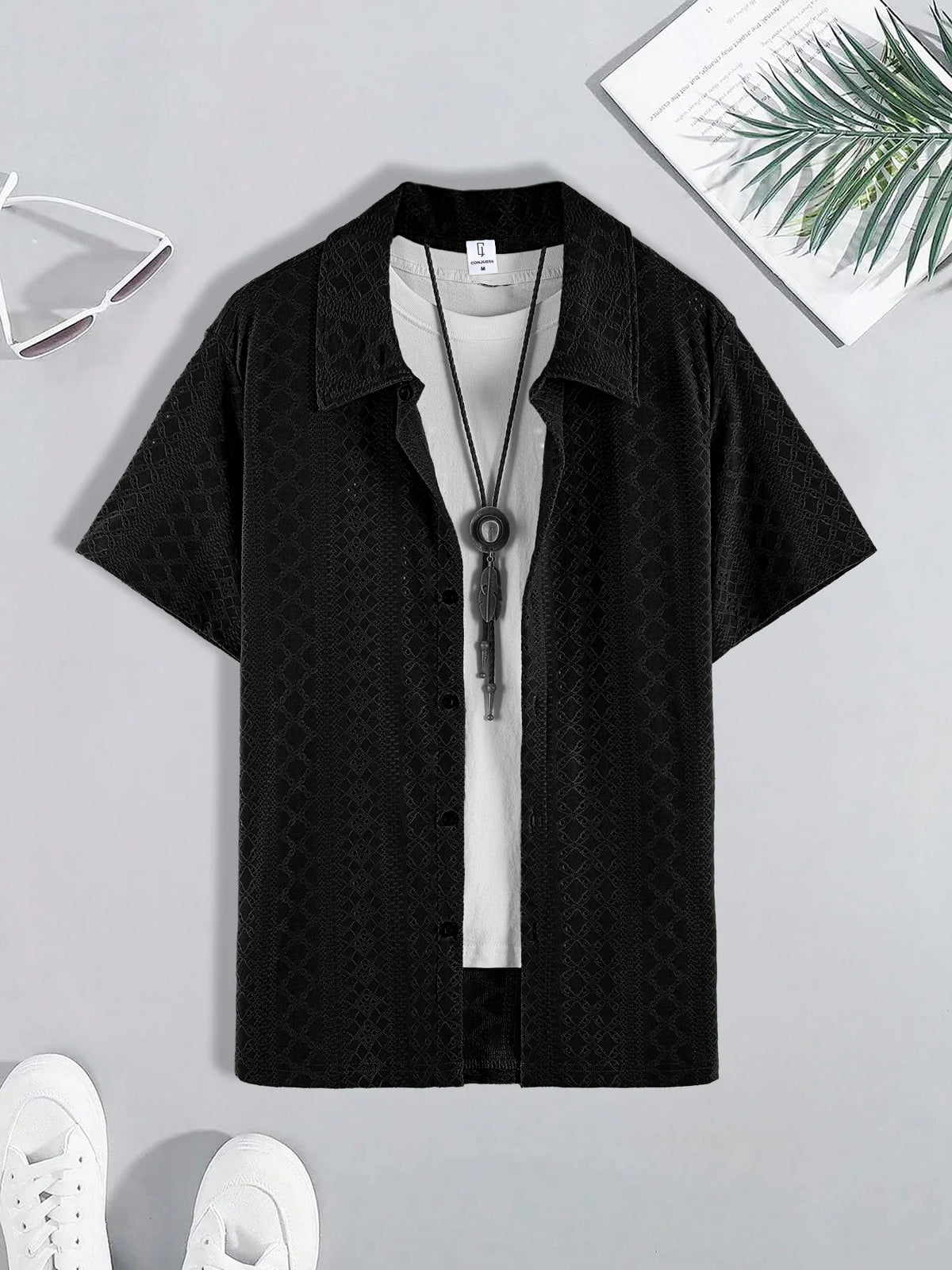 Men's Black Diamond Jacquard Short Sleeve Shirt Summer Smart Casual Loose Top