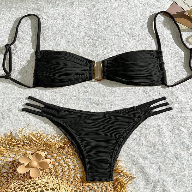 New Low waist Sexy Two-piece Bikini Women U-neck Hollow Swimwear Solid Tube Top Gathered Swimsuit Tight Backless Beachwear 2025