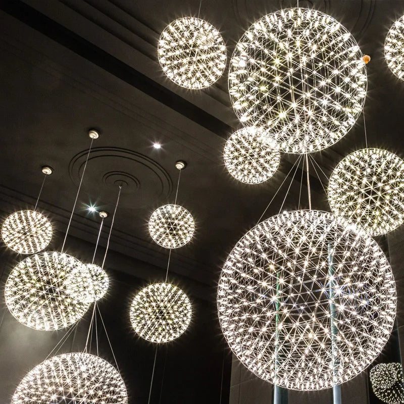 Modern Stainless Steel Spark Ball LED Pendant Light Dimmable Firework Dandelion Chandelier Loft Bar Bedroom Living Room Decor
