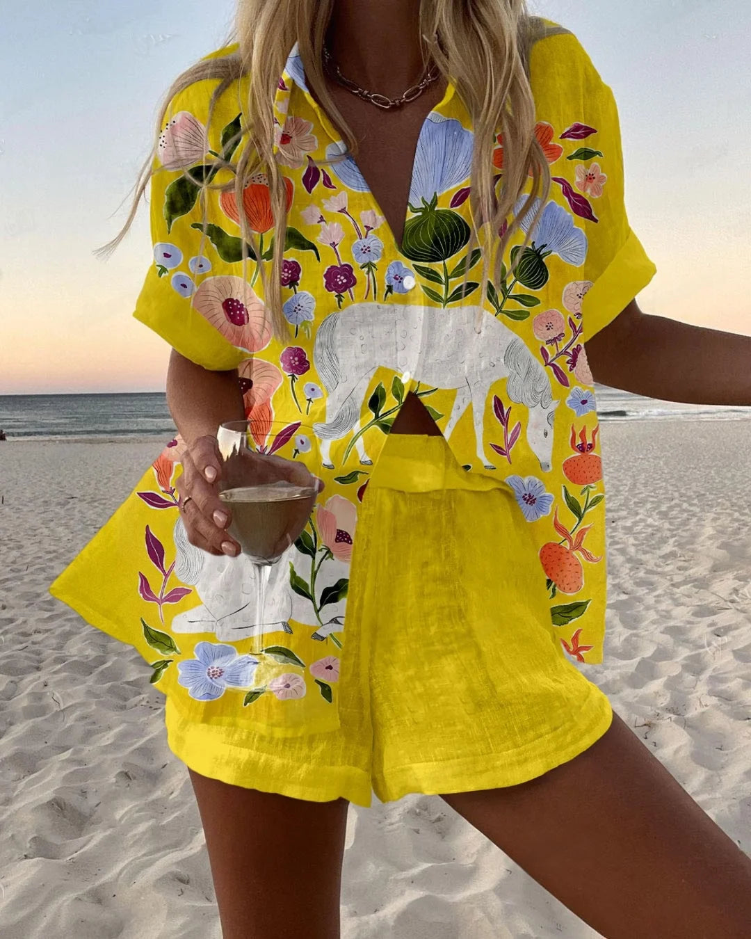 Summer Women's Print Beach Holiday Two-Piece Set Fashion Short Sleeve Buttoned Shirt with Wide Leg Shorts Casual Outfit