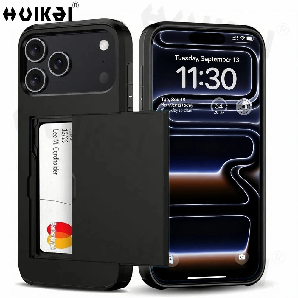 For iPhone 17 Pro Max 16 Pro Max 15 Pro 15 14 13 12 Wallet Card Case Holder Slide Slot Slim Hard PC Heavy Duty Protective Covers