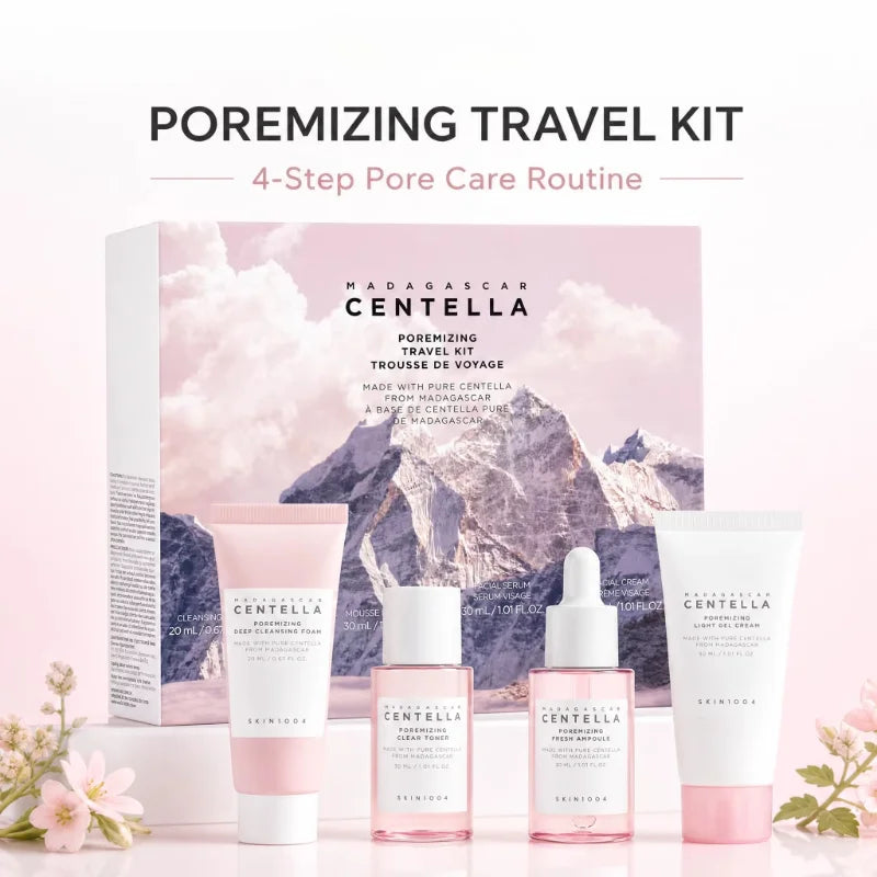 Korean Centella Pink Salt Travel Kit,PoreMizing Toner,Foam,Pore Care Fresh Ampoule and Light Gel Cream Daily Skincare Mini Sets