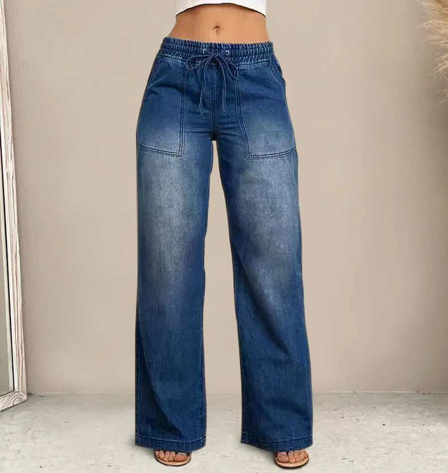 Women Jeans Vintage Denim Pant Elastic Waist Lace Up Wide Leg Long Pants Straight Trousers Y2k Streetwear Splice Work Spring