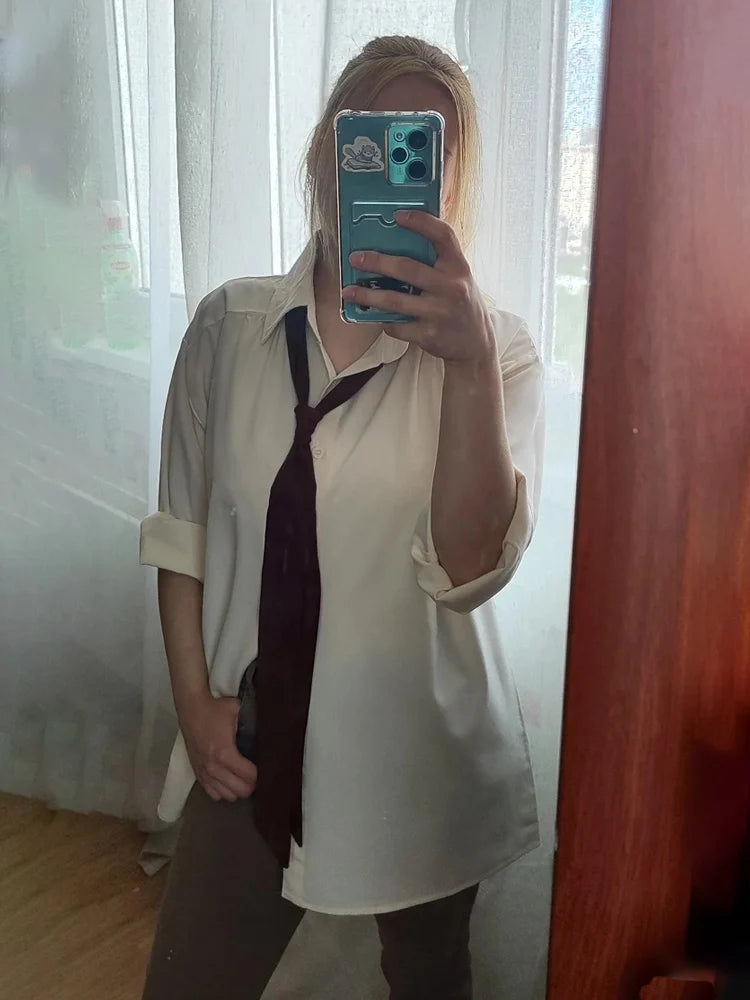 2025 Summer Preppy Style Long Sleeve Women Solid Color Tie Women Shirt Minimalist Button Up Oversize Tops Female Clothing