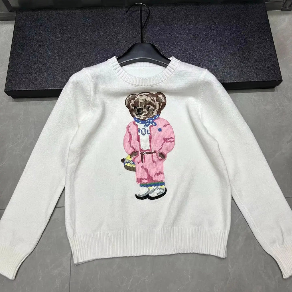 Cartoon Pink Bear Pullover Sweater 2025 Fall/Winter New Fashion Casual Long Sleeve Embroidery Knitted Tops For Women