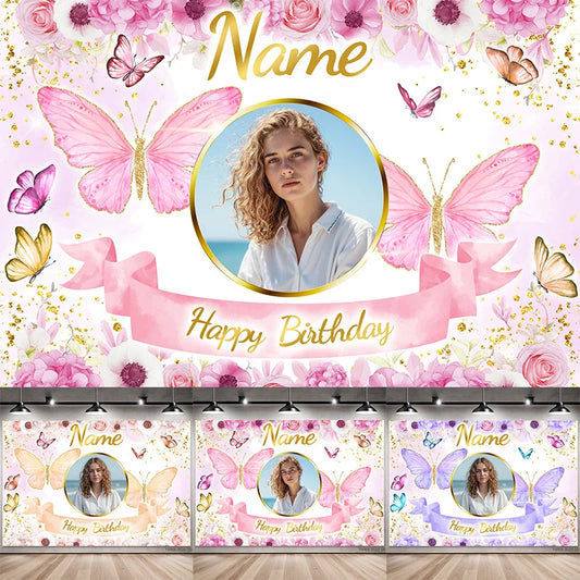 Custom Photo Name Birthday Backdrop Pink Butterfly and Floral Background Banner Personalized for Party Wall Decoration Glitter T
