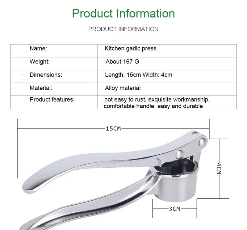 Professional Kitchen Tools Garlic Press High Qulity Crush Garlic Smooth-Handled Easy to Clean Fruit & Vegetable Crusher