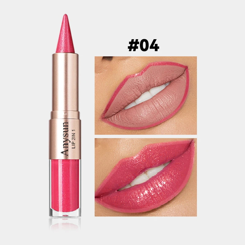 Double Head 2-in-1 Lip liner+Lip Gloss Waterproof and Durable Fine Shiny Mirror Gloss