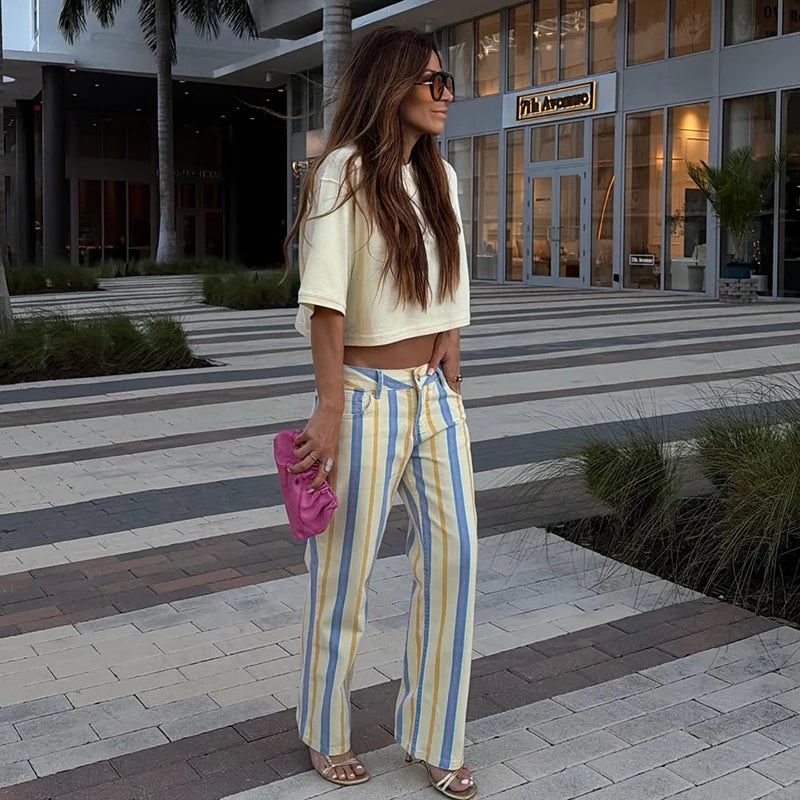 Striped Zipper High-Waisted Trousers Slim Fit Flare Leg Double Pocket 2026 Summer Casual Women Bottom Fashion Chic Lady Pants