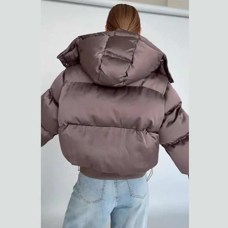 Casual Women's Puffy Cotton Coats Detachable Hood Drawstring Stand Collar Zipper Full Sleeve Coat 2026 Autumn Winter Down Jacket