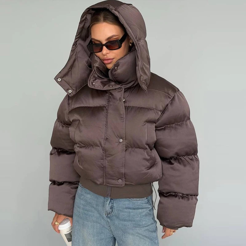 Casual Women's Puffy Cotton Coats Detachable Hood Drawstring Stand Collar Zipper Full Sleeve Coat 2026 Autumn Winter Down Jacket