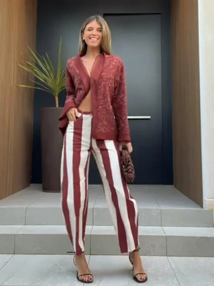 Stripe High-Waisted Wide Leg Trousers Straight Leg Linen Blend 2026 Spring Summer Chic Minimalist Streetwear Vacation Trouser