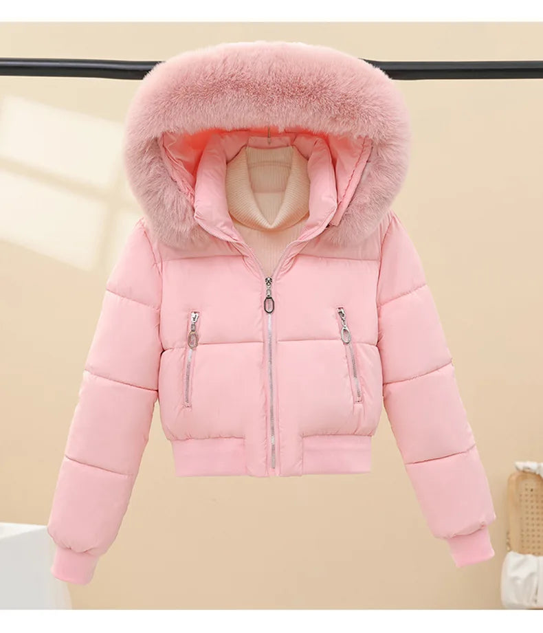 American Waistedn Big Fur Collar Hooded Short Cotton Coat for Women Winter New Fashionable Hat Detachable Casual Slimming Jacket