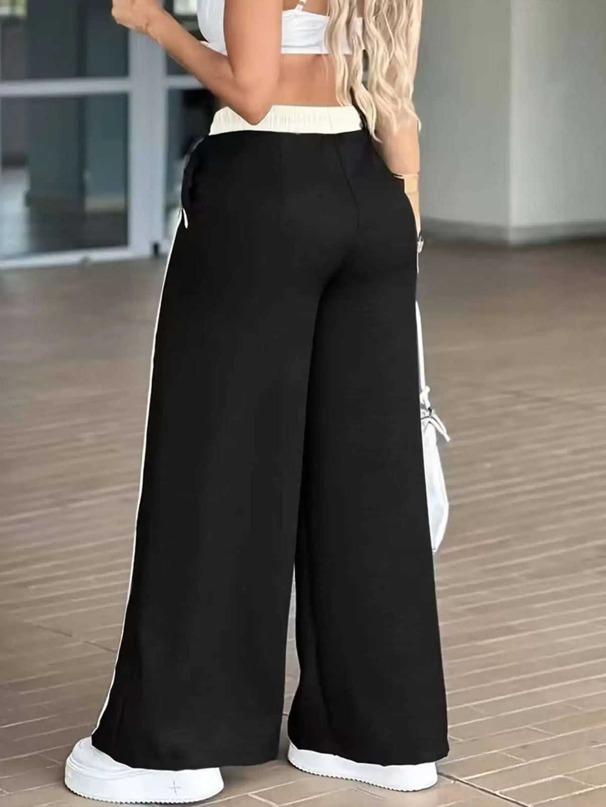 Women's Fashion Casual High Waist Straight Wide Leg Pants Color Block Patchwork Pockets