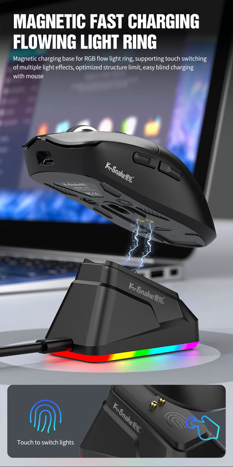 KEBIDUMEI X11 PAW3311 Tri-Mode Wireless Mouse 12000 DPI Gaming Mouse RGB Touch Magnetic Charging Base Bluetooth /2.4G/Wired Mice
