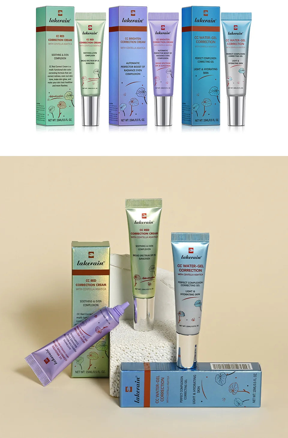 Lakerain Centella Color Changing CC Cream High Coverage Moisturizing Liquid Foundation Korean Face Base Makeup