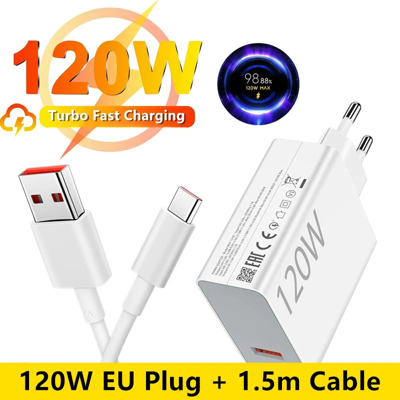 120W EU Ultra Fast Charger For Xiaomi 11 12 13 14 15 Ultra 17 Redmi Note 11 12 13 POCO X5 X6 Pro Type C USB Turbo Charging Cable