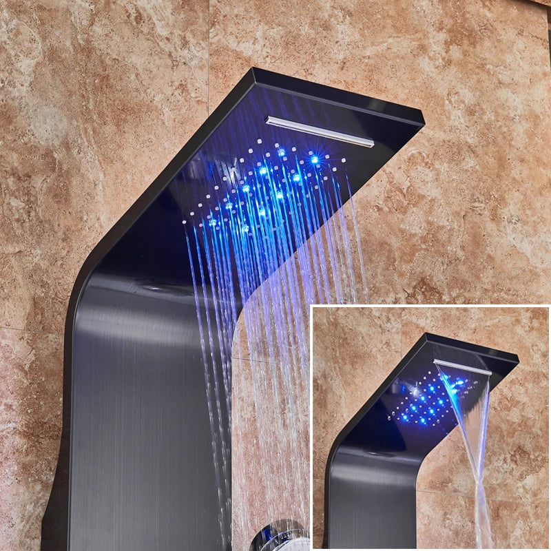 LED Light Bathroom Shower Panel Intelligent LCD Shower Column System with 6 Modes Rain Waterfall Massage Jet Bath Mixer Tap