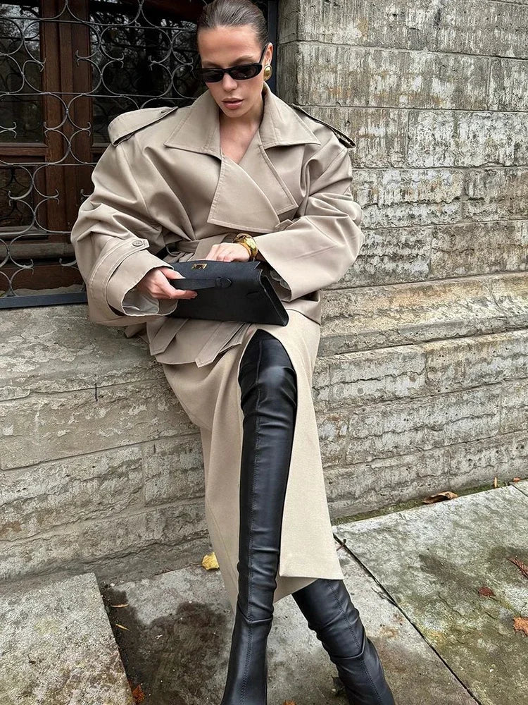 Khaki Lace Up Cape Trench Coat Loose Solid Full Sleeve Lapel Windbreaker 2026 Autumn New Fashion Commute Casual Daily Coats