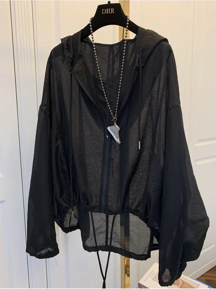 Women Hooded Jackets Summer Sun-proof Zipper Coats Thin Loose See Through Outerwear Breathable Outwear Lightweight Clothes White
