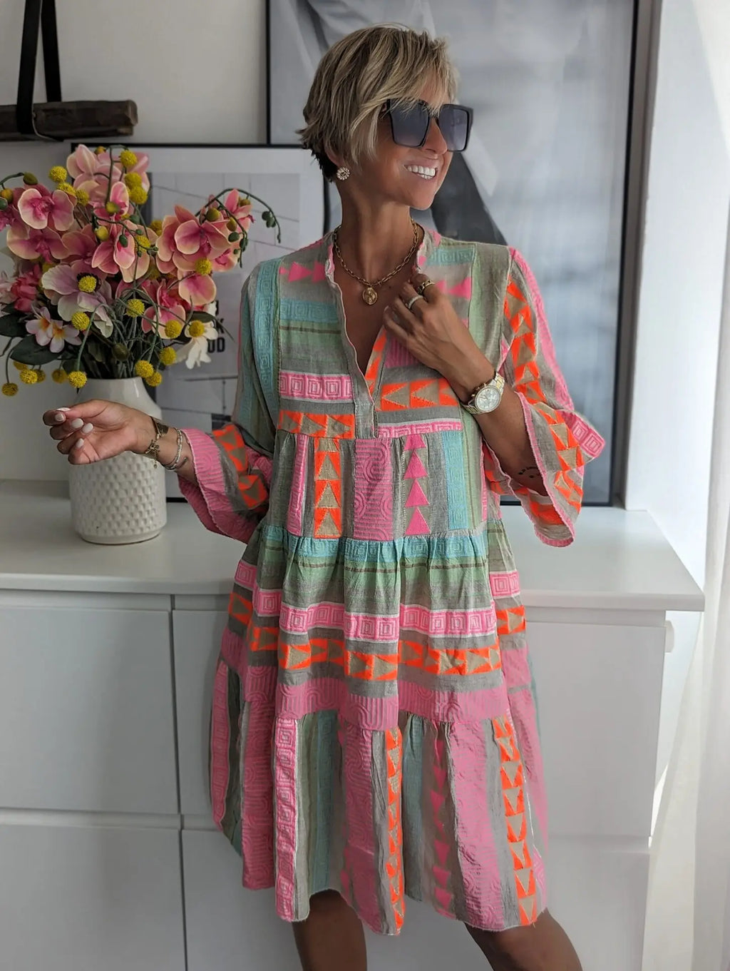 2026 Women Dresses V Neck Three Quarter Sleeve Pullover Dress Print Floral Vestidos Knee Length Loose Fit Casual Summer