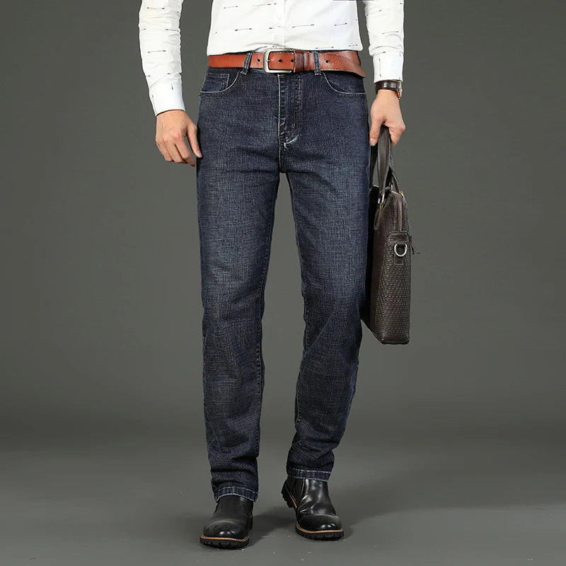 OUSSYU Brand Classic Retro Blue Men's Jeans Denim Pants Work Streetwear Straight Stretch Business Autumn Winter Cotton Trousers