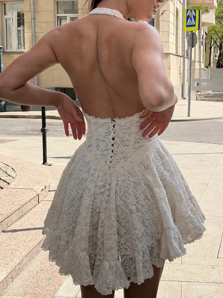 Hot Sweetheart Deep V Neck Halter Short Dress Lace Backless Waist Cinched Slim Vestidos 2026 Summer Beach Vacation Date Dresses