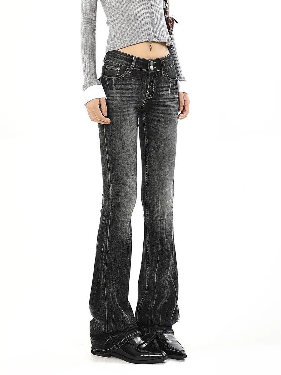 Women Vintage Double Button Low Waist Micro Flare Jeans Y2K Slim Retro Black Gray Whisker Denim Pants Streetwear Y2k Trousers