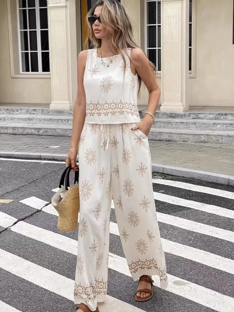 Women's Casual Pant Sets 2026 Summer Fashion Printed Streetwear Sleeveless Tank Tops Waist Loose Wide Leg Pants 2 Piece Sets